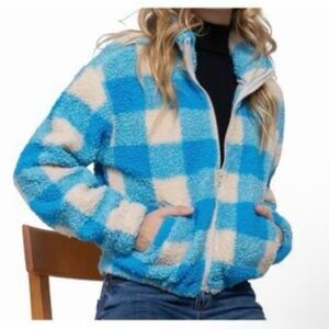 NWT Size M Blue and White Checkered Teddy Women's Jacket